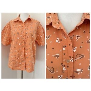 Roper Shirt Womens Large Orange Western Print Rodeo Guitar Boots Short Sleeve